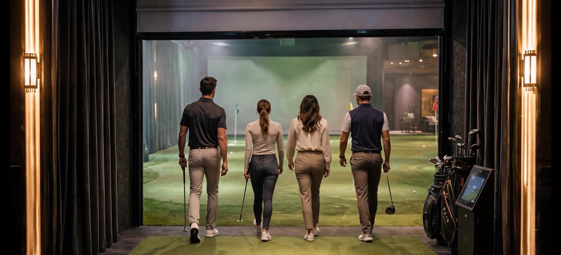 Concept rendering of golfers walking through the simulator screen into the Green Room
